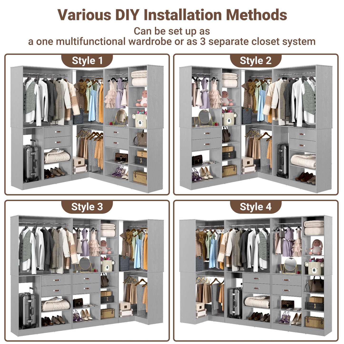 Closet System with 3 Sets, 110'' Reversible Stand-alone Wardrobe