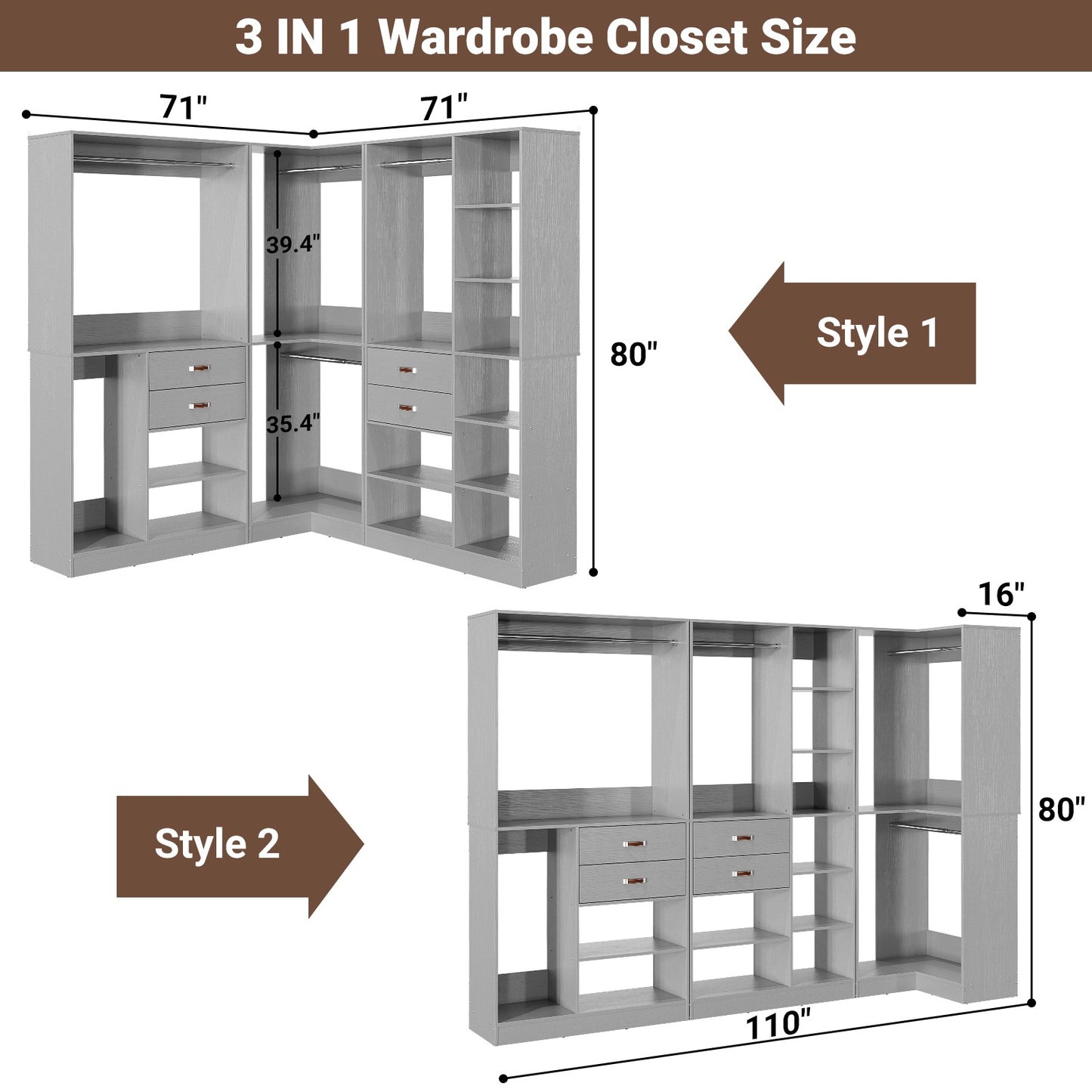 Closet System with 3 Sets, 110'' Reversible Stand-alone Wardrobe