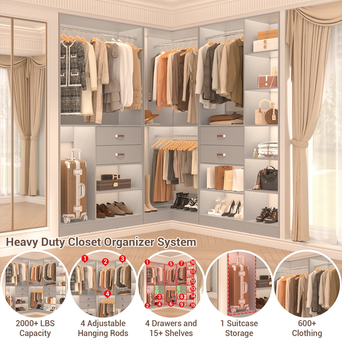 Closet System with 3 Sets, 110'' Reversible Stand-alone Wardrobe