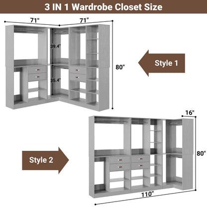 Freestanding Closet System Set of 3, 110 Inch L Shaped Wardrobe Closet for Clsoet, Bedroom, Reversible, Load 2500 LBS