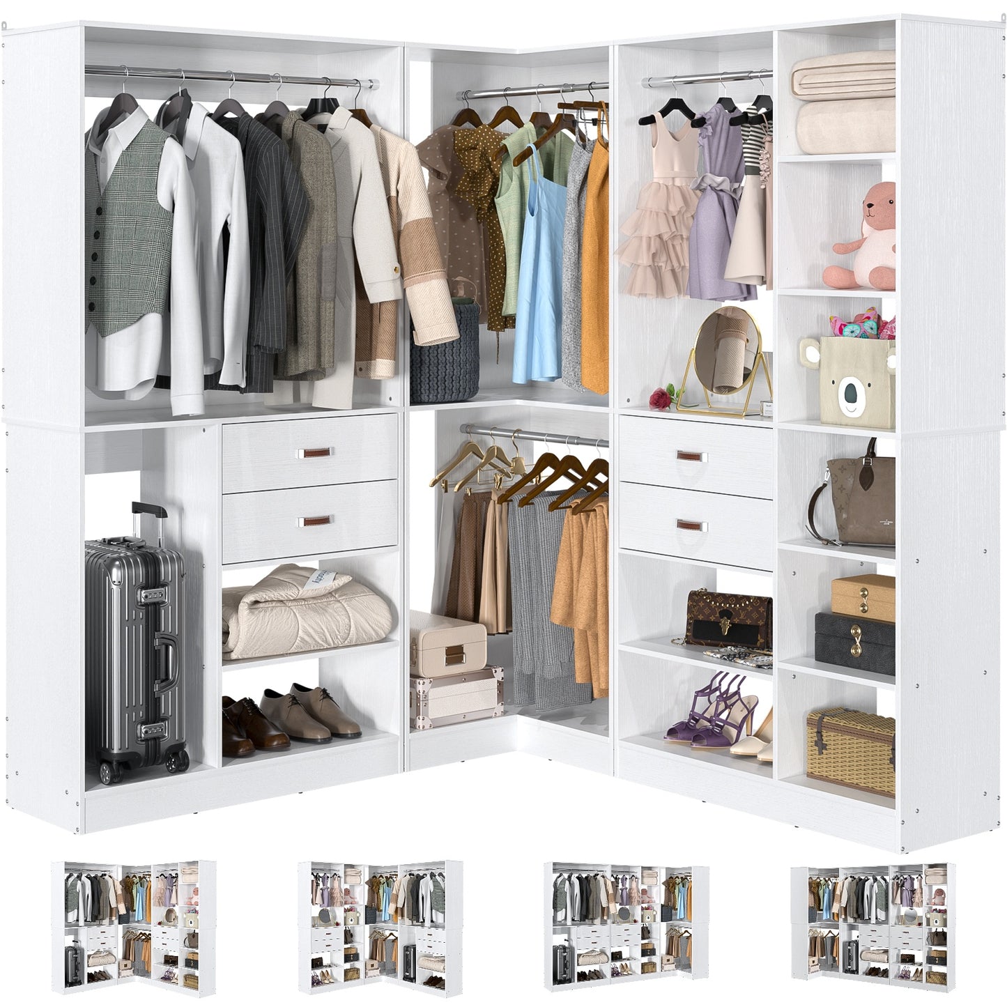 Closet System with 3 Sets, 110'' Reversible Stand-alone Wardrobe