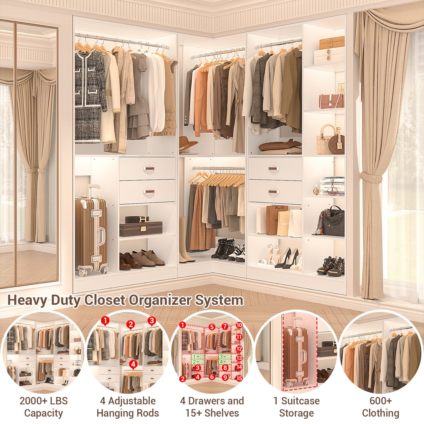 Closet System with 3 Sets, 110'' Reversible Stand-alone Wardrobe