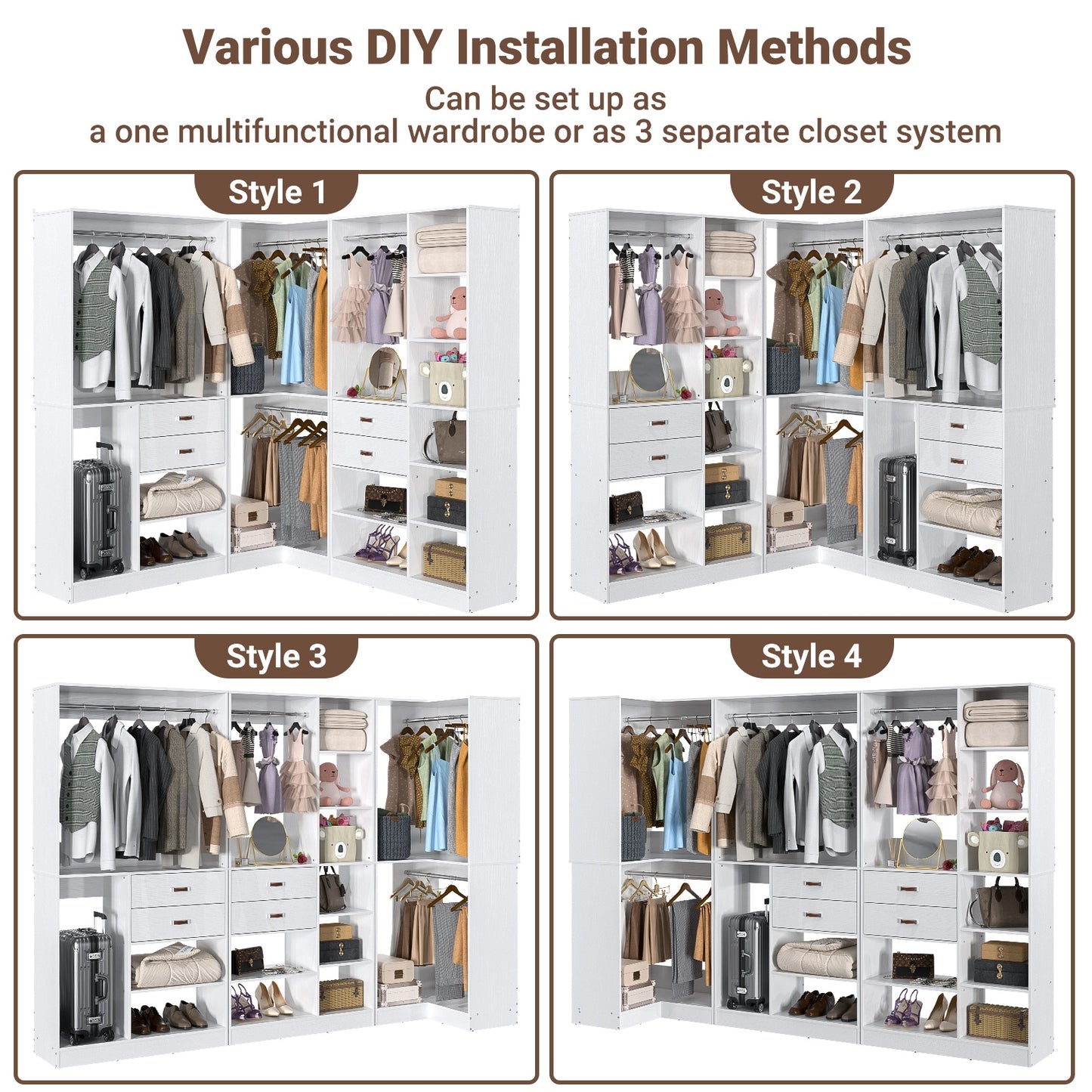 Closet System with 3 Sets, 110'' Reversible Stand-alone Wardrobe