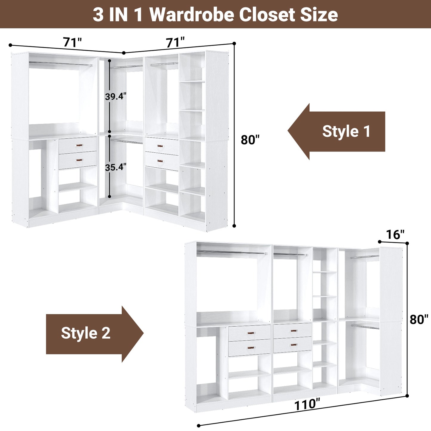 Closet System with 3 Sets, 110'' Reversible Stand-alone Wardrobe