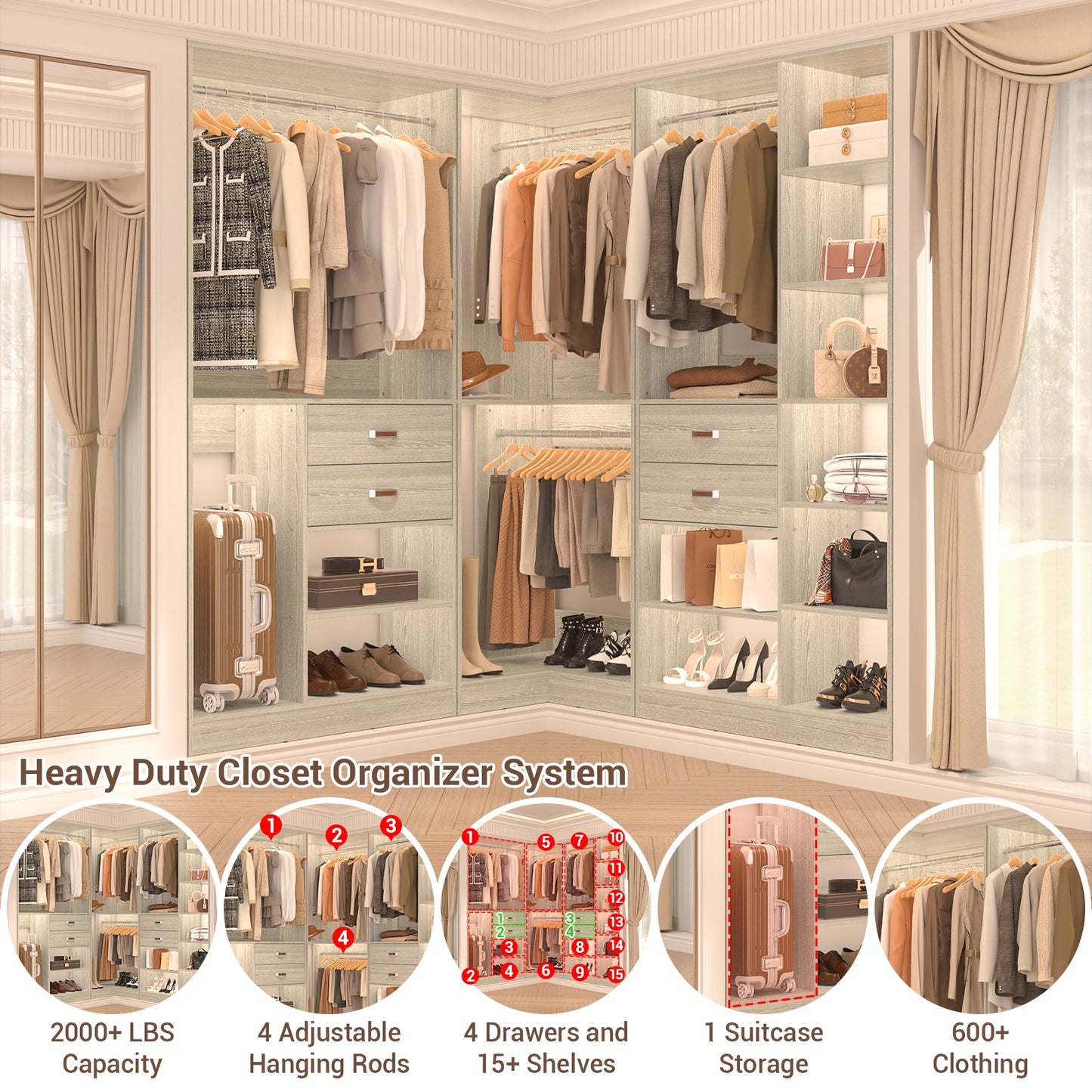 Closet System with 3 Sets, 110'' Reversible Stand-alone Wardrobe