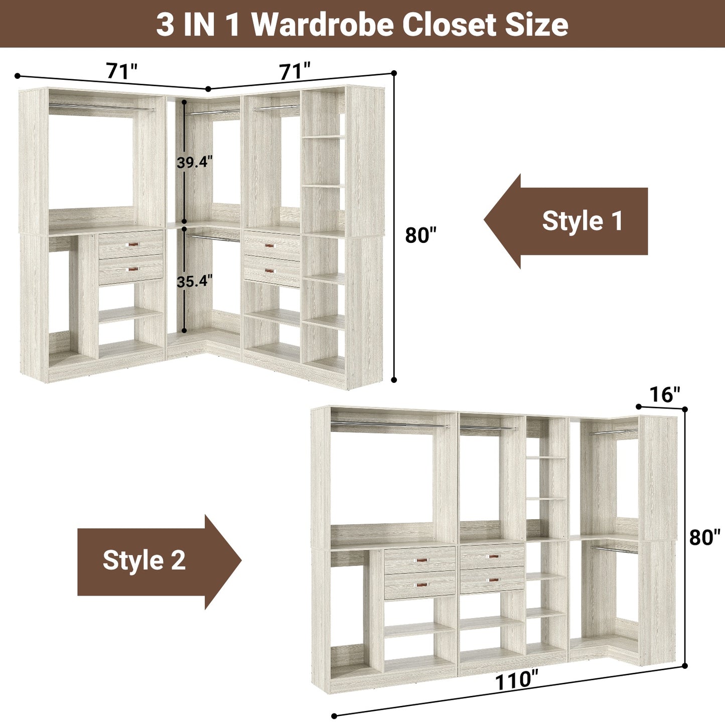 Closet System with 3 Sets, 110'' Reversible Stand-alone Wardrobe