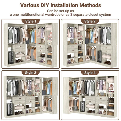 Freestanding Closet System Set of 3, 110 Inch L Shaped Wardrobe Closet for Clsoet, Bedroom, Reversible, Load 2500 LBS