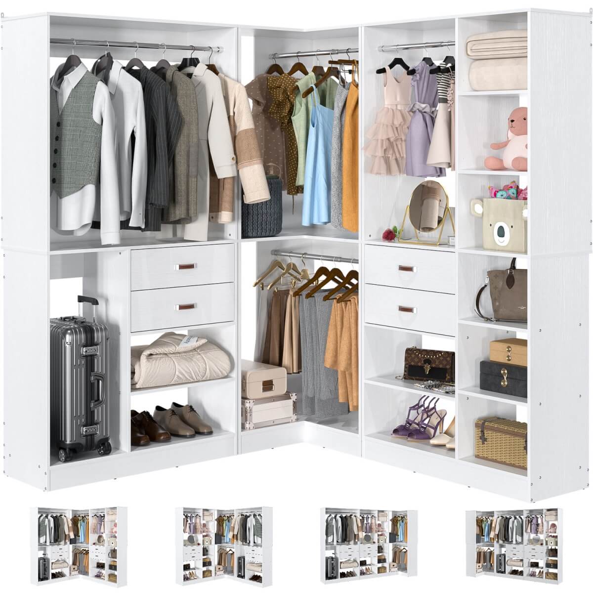 Freestanding Closet System Set of 3, 110 Inch L Shaped Wardrobe Closet for Clsoet, Bedroom, Reversible, Load 2500 LBS