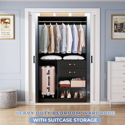 40 Inch Freestanding Closet System with Suitcase Storage, Drawersm, and Haning Rods