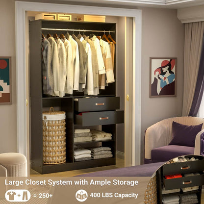 40 Inch Freestanding Closet System with Suitcase Storage, Drawersm, and Haning Rods