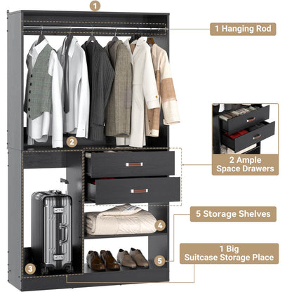 40 Inch Freestanding Closet System with Suitcase Storage, Drawersm, and Haning Rods