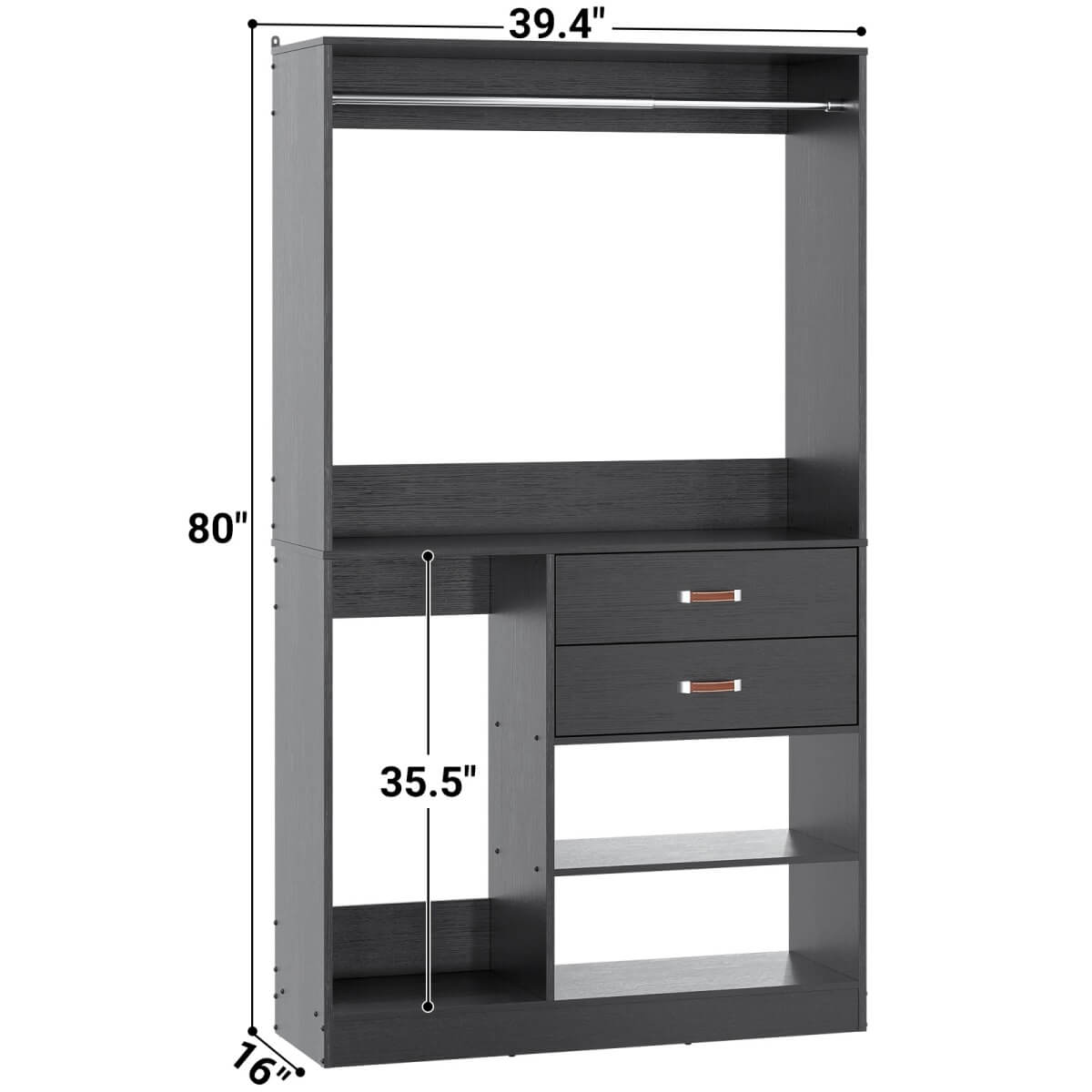 40 Inch Freestanding Closet System with Suitcase Storage, Drawersm, and Haning Rods