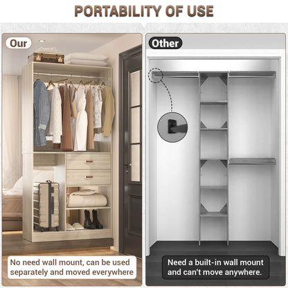 40 Inch Freestanding Closet System with Suitcase Storage, Drawersm, and Haning Rods