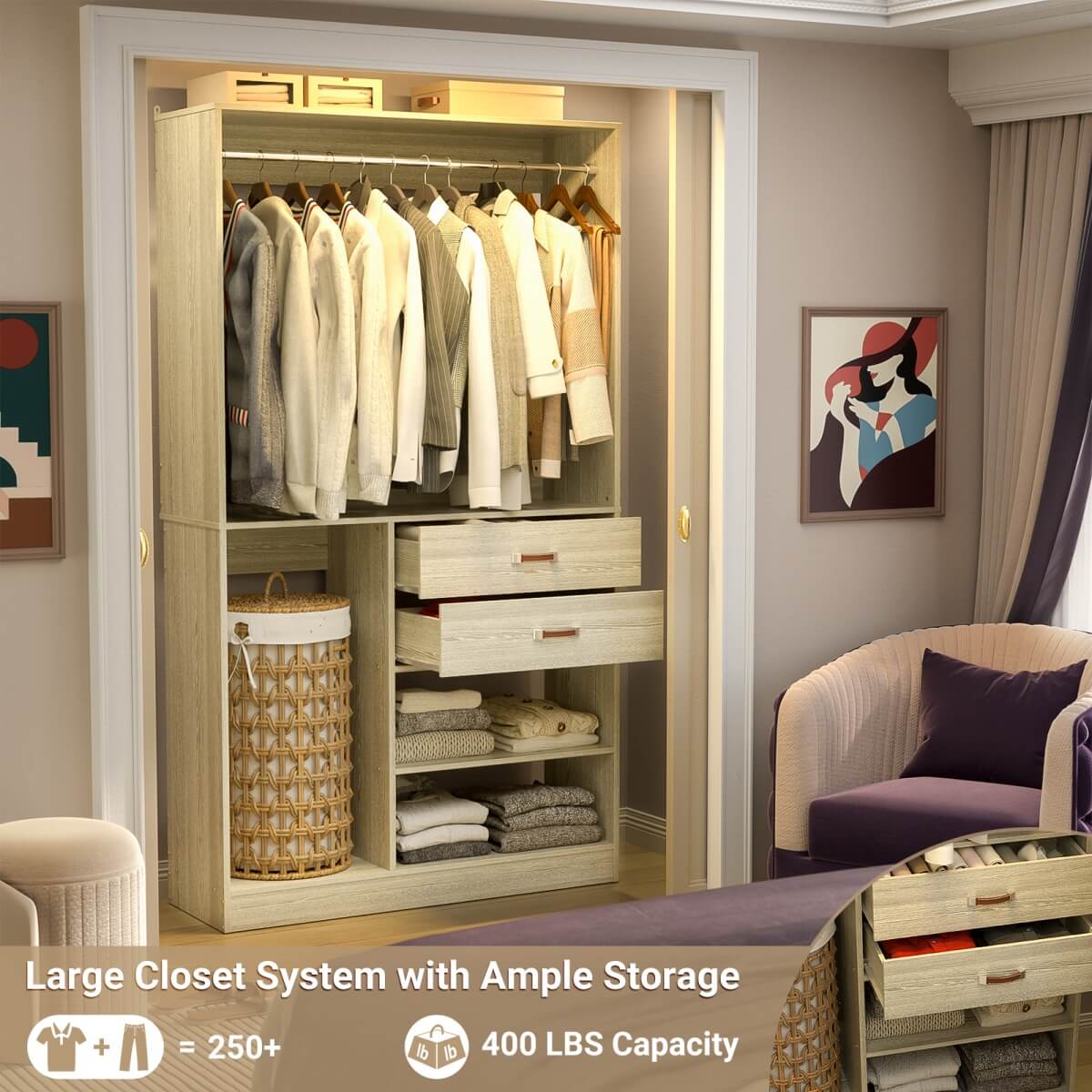 40 Inch Freestanding Closet System with Suitcase Storage, Drawersm, and Haning Rods