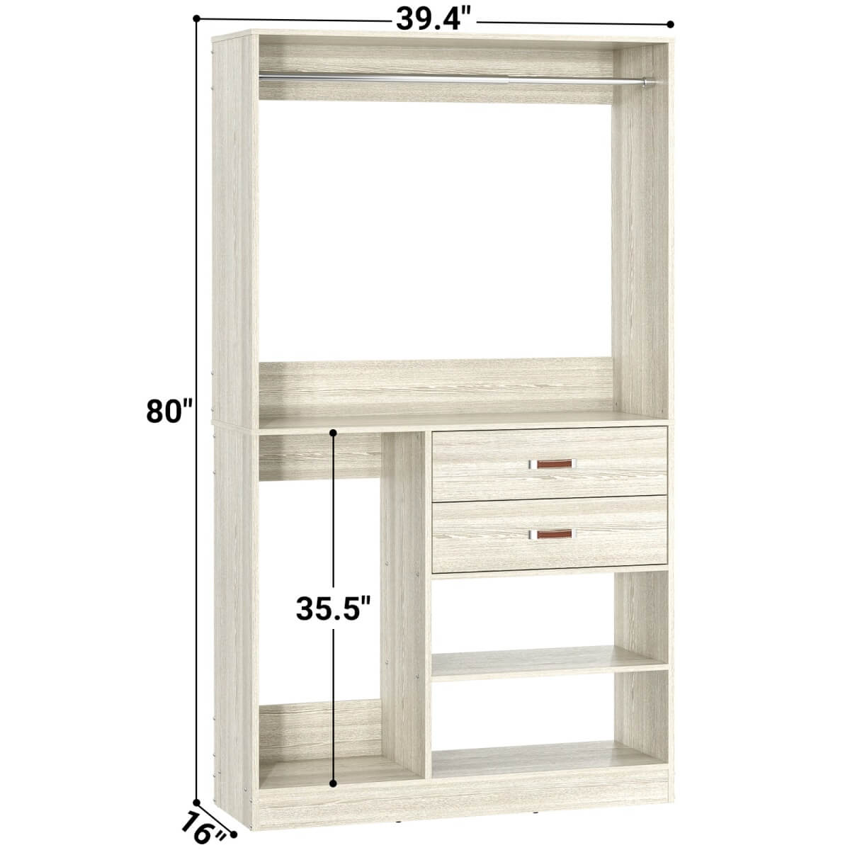 40 Inch Freestanding Closet System with Suitcase Storage, Drawersm, and Haning Rods