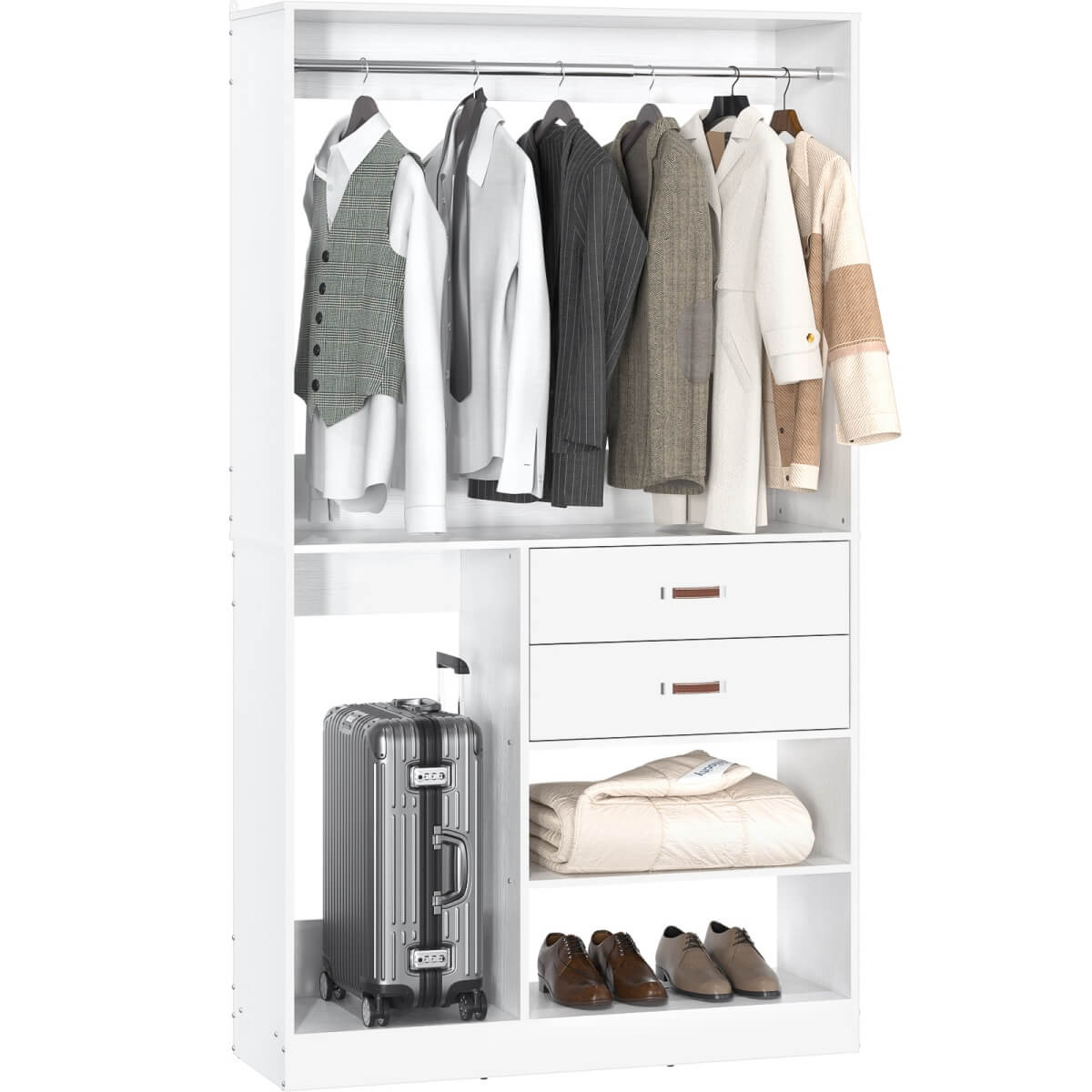 40 Inch Freestanding Closet System with Suitcase Storage, Drawersm, and Haning Rods