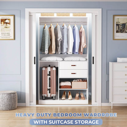 40 Inch Freestanding Closet System with Suitcase Storage, Drawersm, and Haning Rods