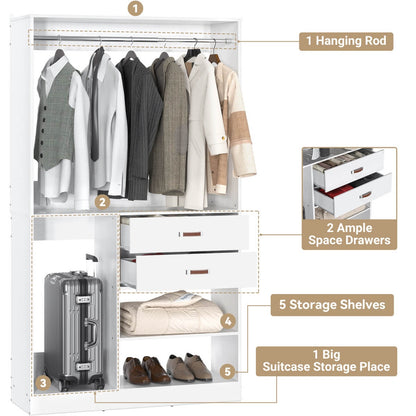 40 Inch Freestanding Closet System with Suitcase Storage, Drawersm, and Haning Rods