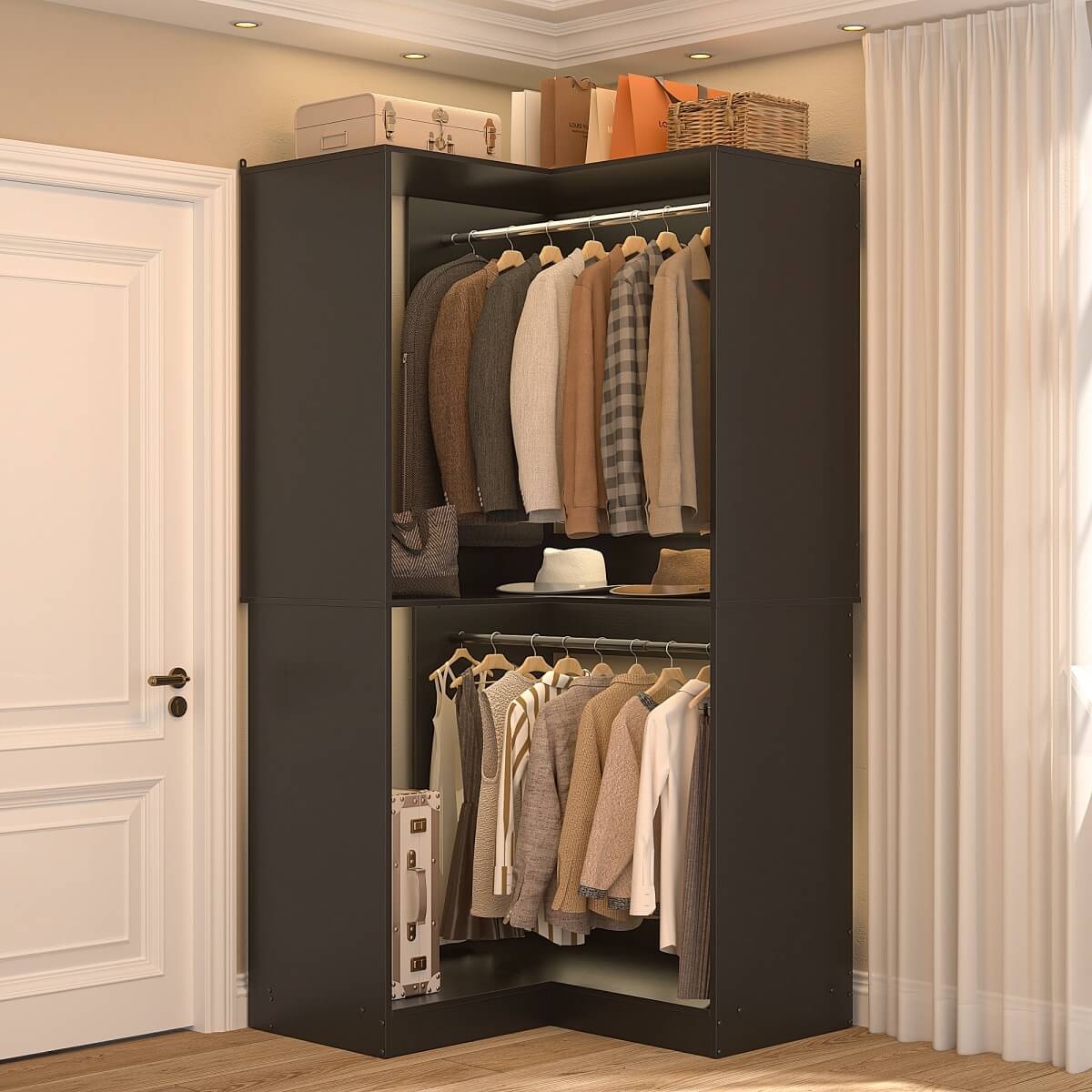 32'' Corner Closet System with 2 Hanging Rods and Open Shelves