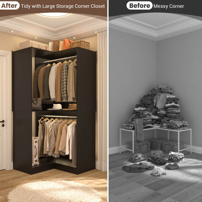 32'' Corner Closet System with 2 Hanging Rods and Open Shelves