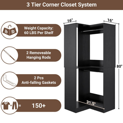 32'' Corner Closet System with 2 Hanging Rods and Open Shelves