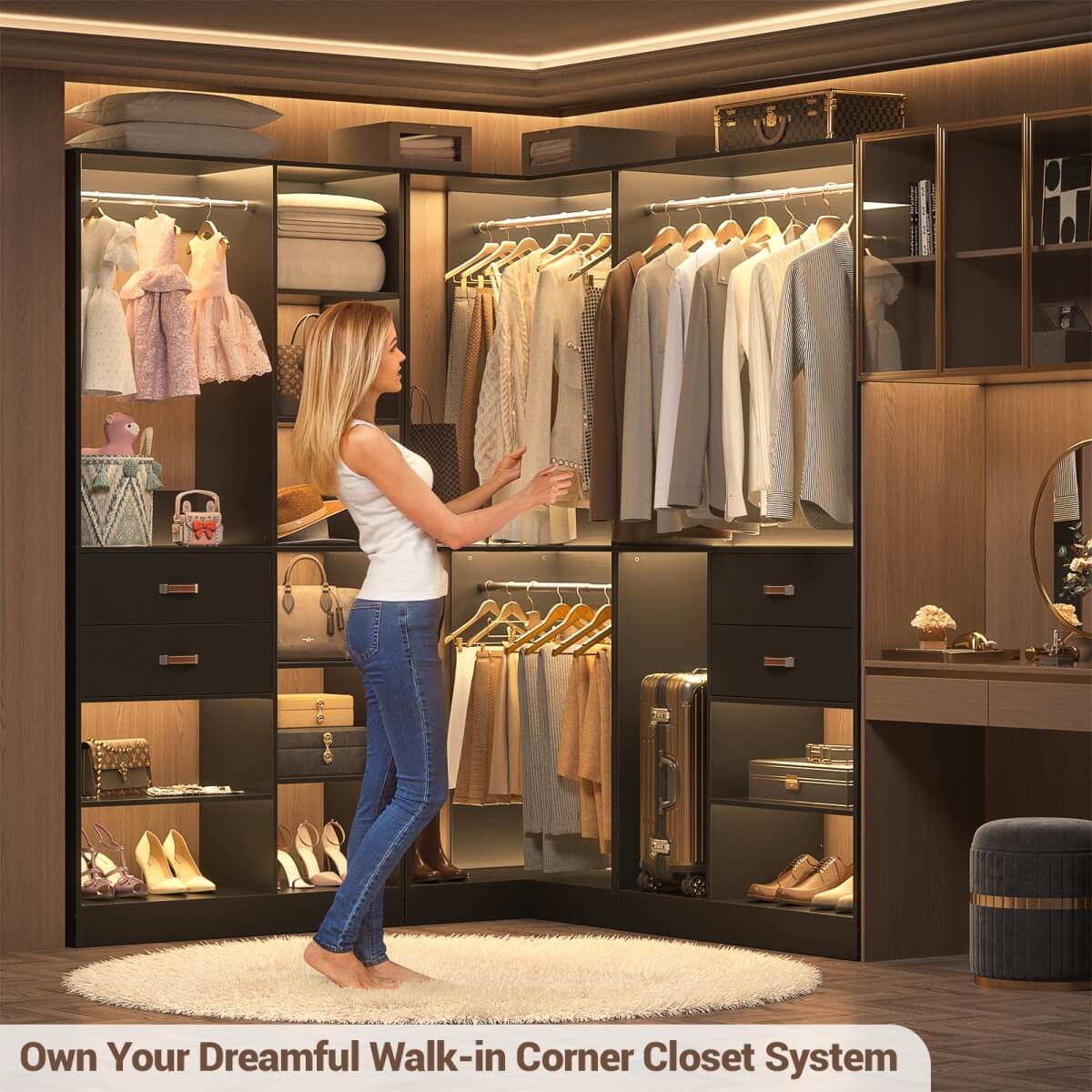 32'' Corner Closet System with 2 Hanging Rods and Open Shelves