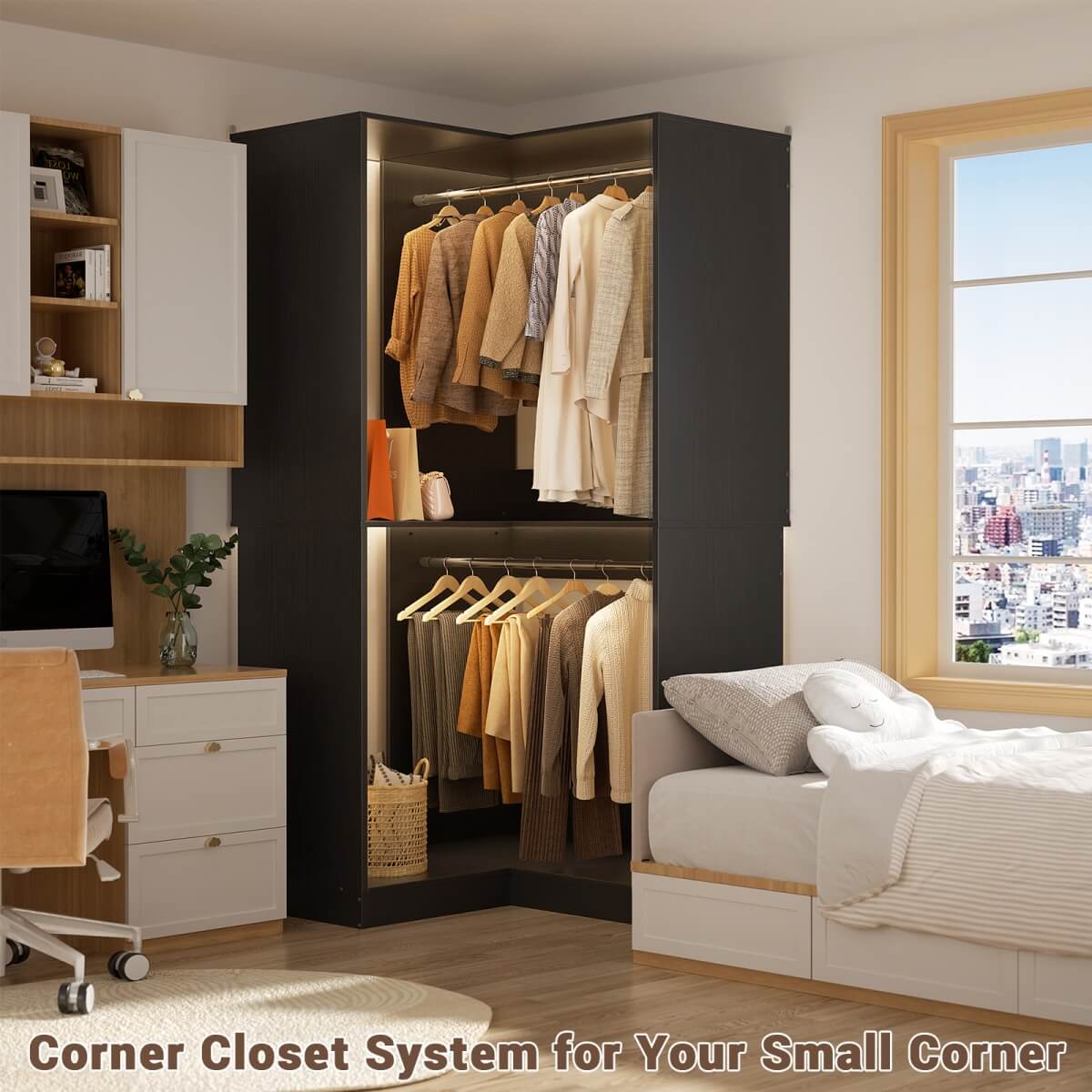 32'' Corner Closet System with 2 Hanging Rods and Open Shelves