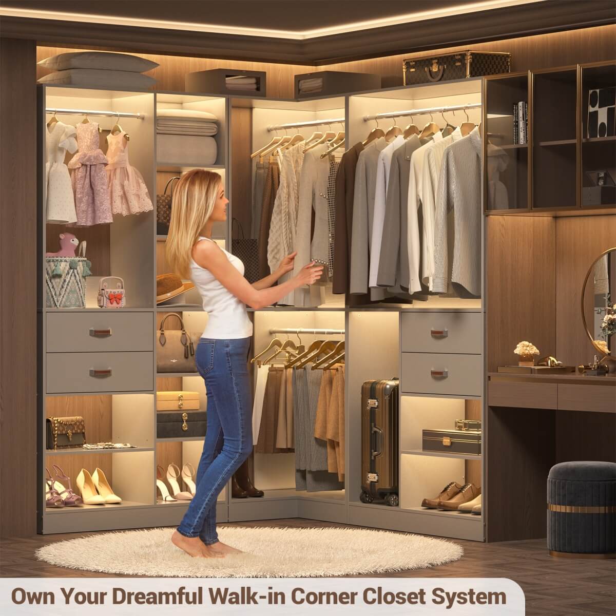 32'' Corner Closet System with 2 Hanging Rods and Open Shelves