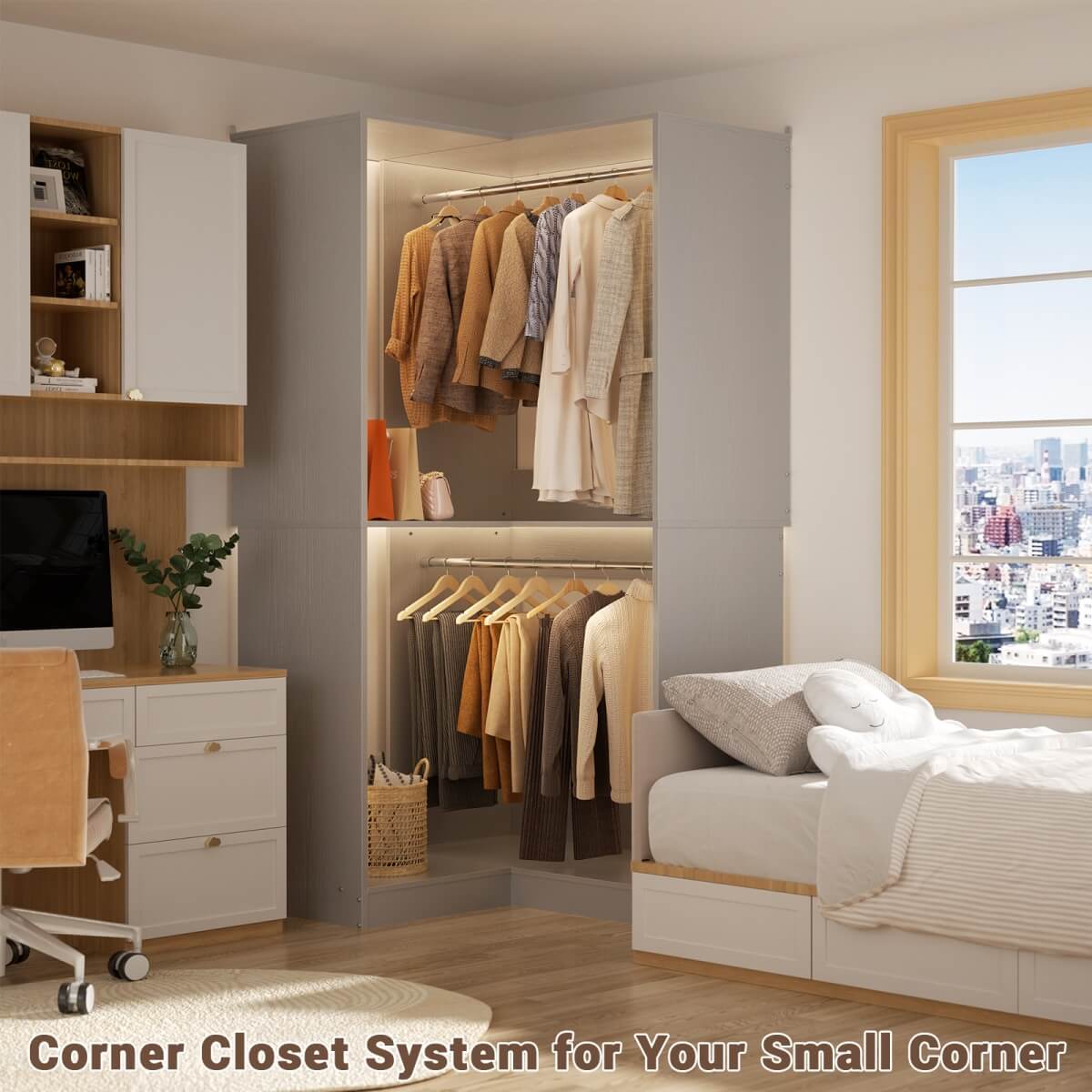 32'' Corner Closet System with 2 Hanging Rods and Open Shelves