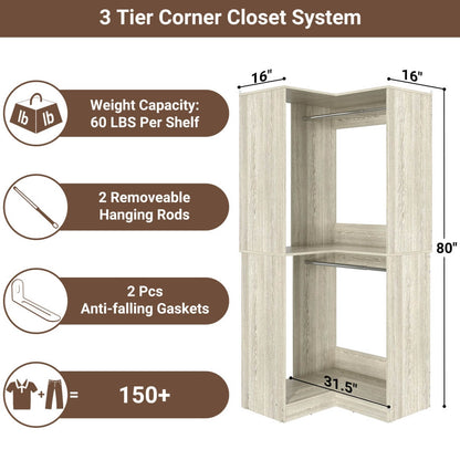 32'' Corner Closet System with 2 Hanging Rods and Open Shelves