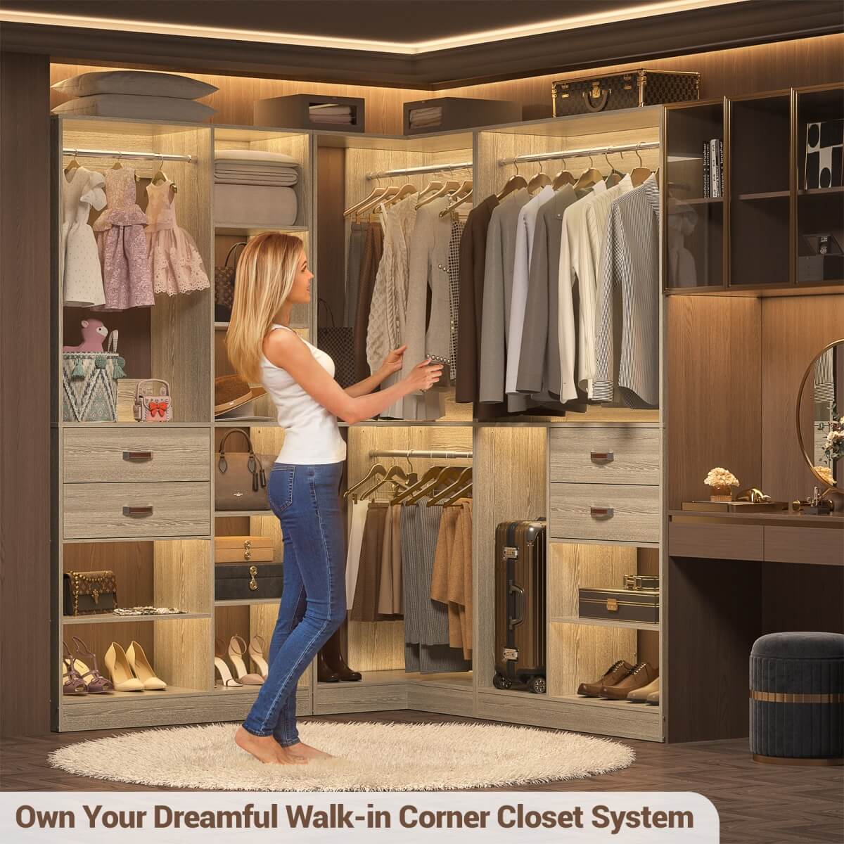 32'' Corner Closet System with 2 Hanging Rods and Open Shelves