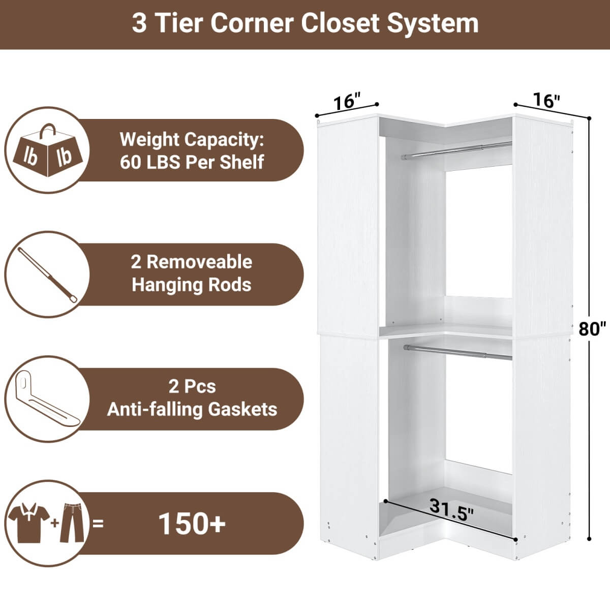 32'' Corner Closet System with 2 Hanging Rods and Open Shelves