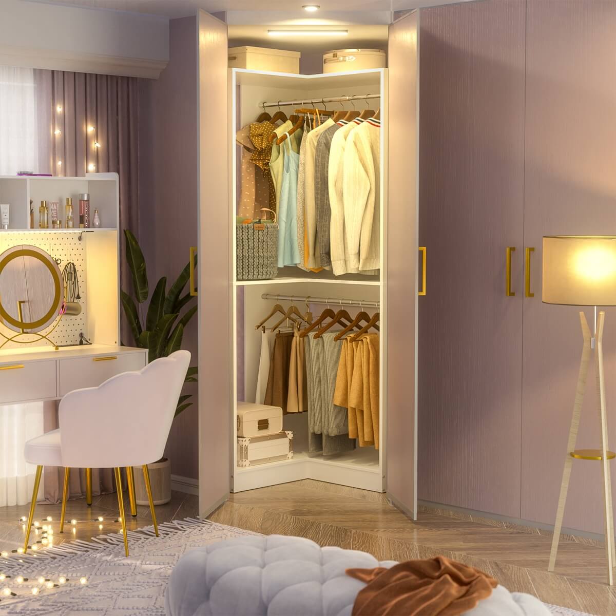 32'' Corner Closet System with 2 Hanging Rods and Open Shelves