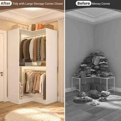 32'' Corner Closet System with 2 Hanging Rods and Open Shelves