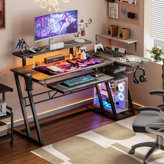 47" Gaming Desk with Keyboard Tray, Power Outlets and LED Lights