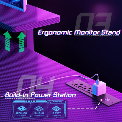 47" Gaming Desk with Keyboard Tray, Power Outlets and LED Lights