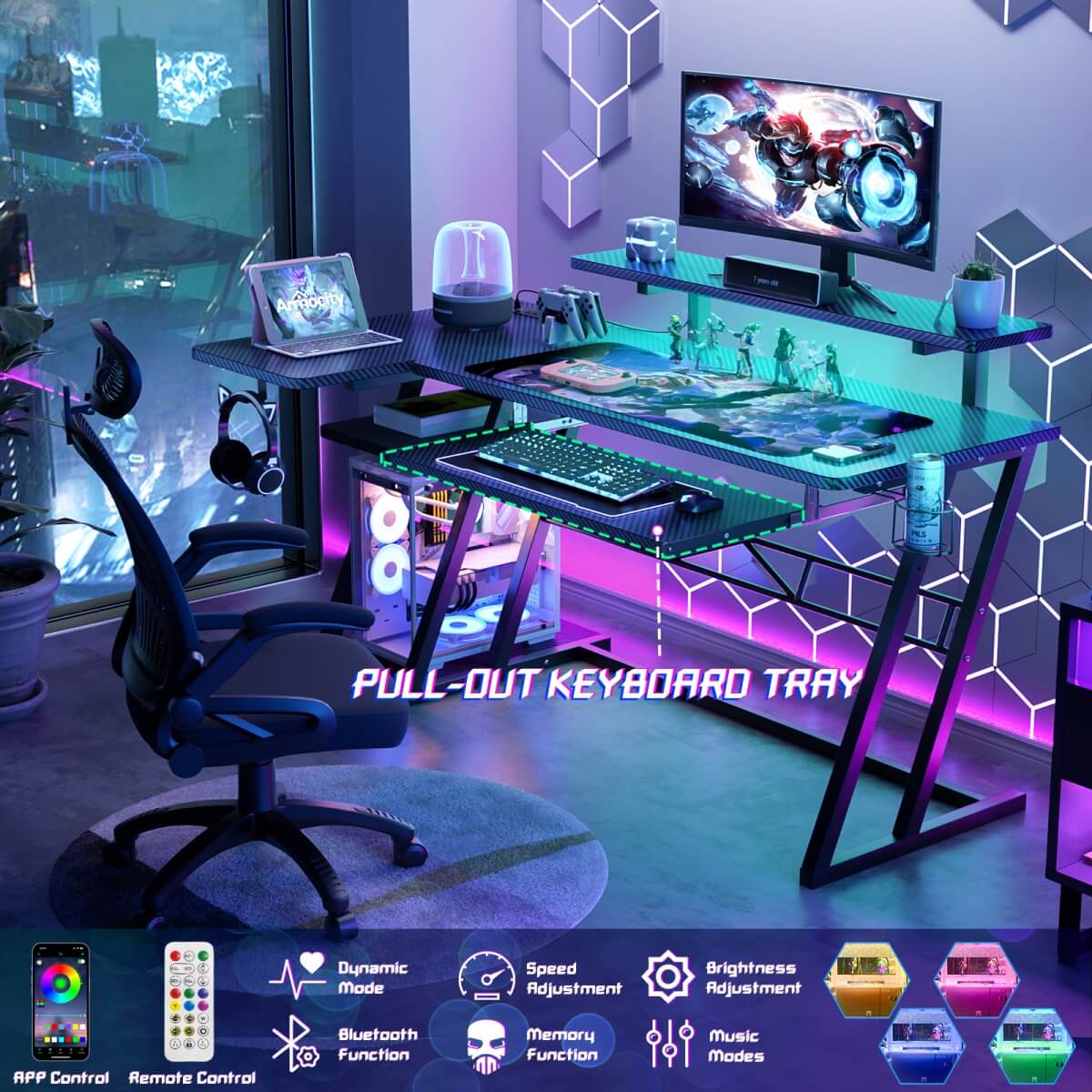 47" Gaming Desk with Keyboard Tray, Power Outlets and LED Lights
